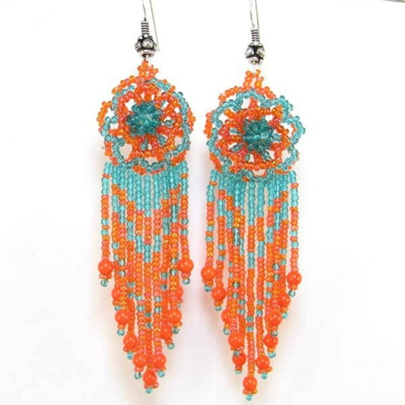 Handmade Beaded Orange Flower Seed Bead Earrings
