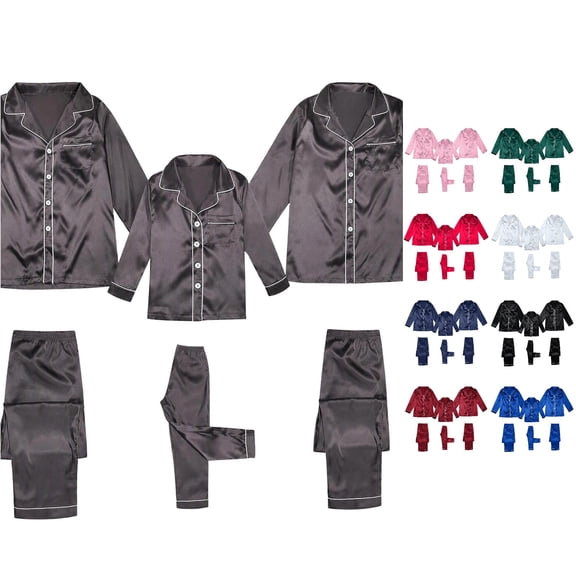 RGGEEUN Family Christmas Pajamas Matching Sets Lapel Long Sleeve Tops Satin Pants Xmas Holiday Sleepwear Loungewear Evening Party