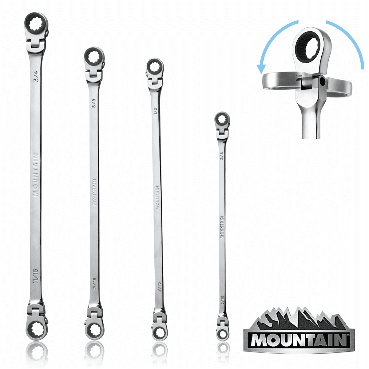Mountain RF7 Extra Long Flexible Ratcheting Wrench Set 90 Tooth with Tray