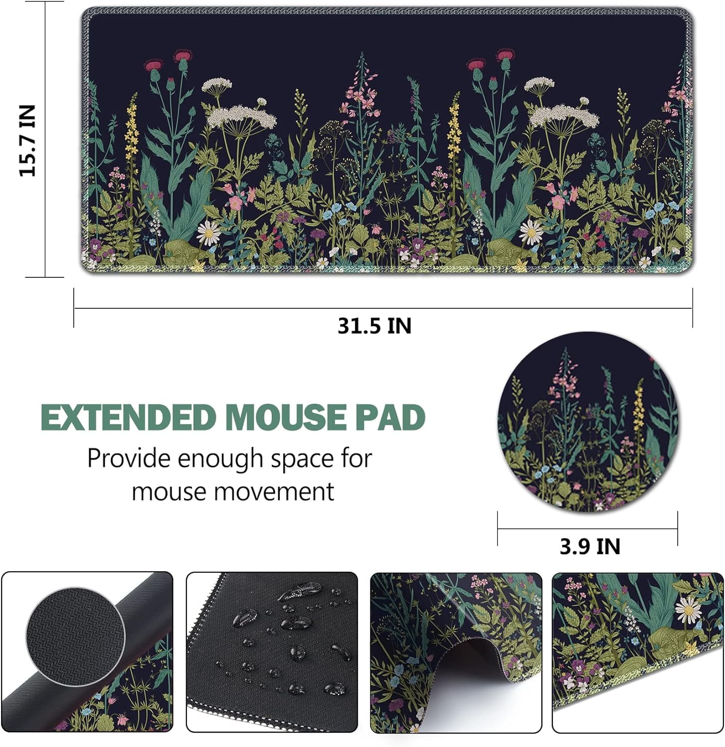 Large Gaming Mouse Pad, Extended Mouse Pad with Stitched Edge, XL Keyboard Mouse Mat Non-Slip Rubber Base Desk Pad 31.5x15.7inch for Office Home Game Work -Flowers Plants