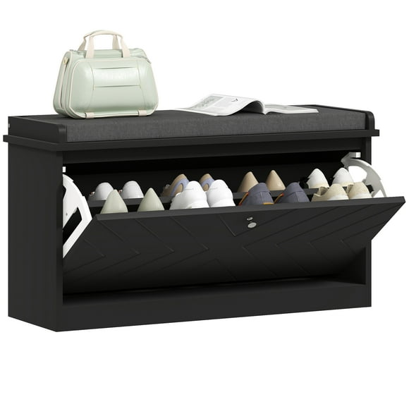 HOMCOM Shoe Bench with Flip Drawer, Cushion, 8 Pairs for Entryway Black