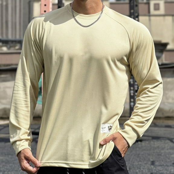 Aimik Men's Upf 50  Rash Guard Long Sleeve Sun Protection Uv Spf Shirts Quick Dry Lightweight Fishing Swim Gym Running T-Shirts-Beige L