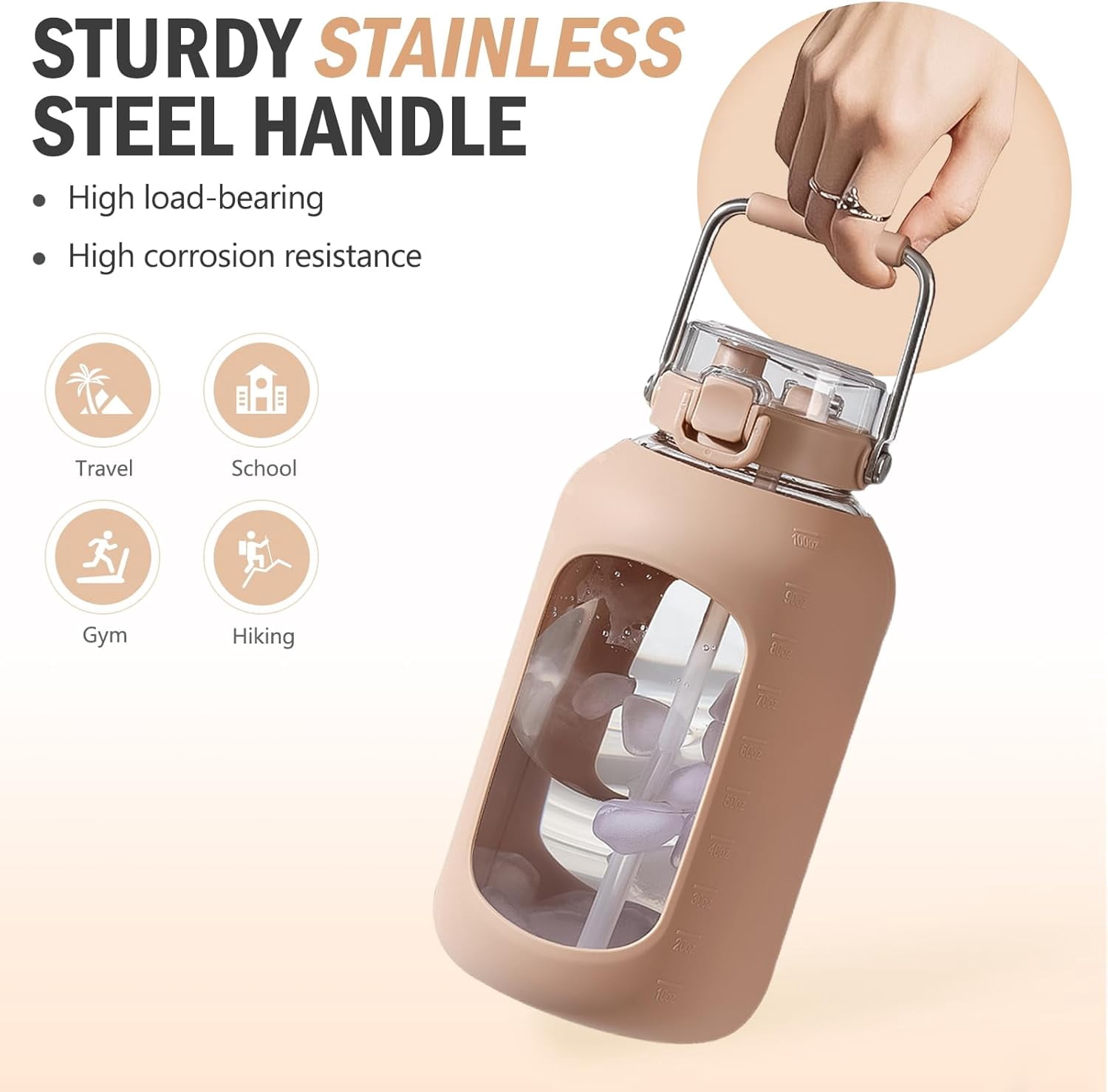 84oz Water Bottle Glass with Stainless Steel Handle Large 2.5l Water Bottle with Time Markers and Silicone Sleeve Half Gallon Water Jug BPA Free for Gym Daily Use