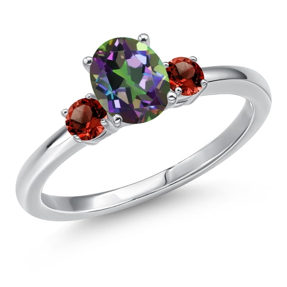 Gem Stone King 14K White Gold Green Mystic Topaz and Red Garnet Engagement Ring for Women | 1.30 Cttw | Oval 7X5MM | Gemstone November Birthstone | Size 7