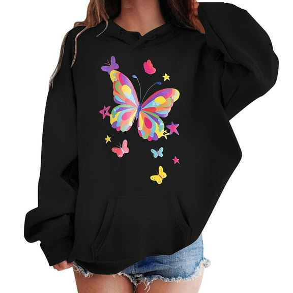 Tfken Sweatshirt For Girls Kids Long Sleeve Butterfly Print Hoodies Outdoor Breathable Tops Size 2-3 Years Black