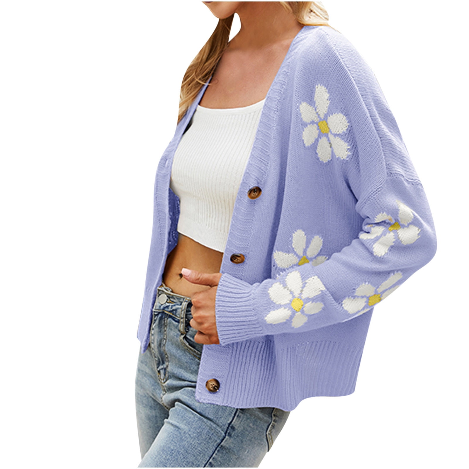 Women's Floral Print Knit Cardigan, Long Sleeve, V Neck, Button Down, 90s Vintage Outerwear - Walmart.com Women's Floral Print Knit Cardigan, Long Sleeve, V Neck, Button Down, 90s Vintage Outerwear - Walmart.com