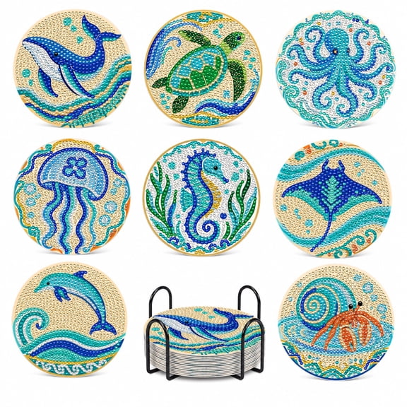 8 Pack Diamond Art Coasters with Holder, DIY Diamond Painting Kits for Adults and Kids, 3.9" with Non-Slip Cork Base, Home Decor Party Gift