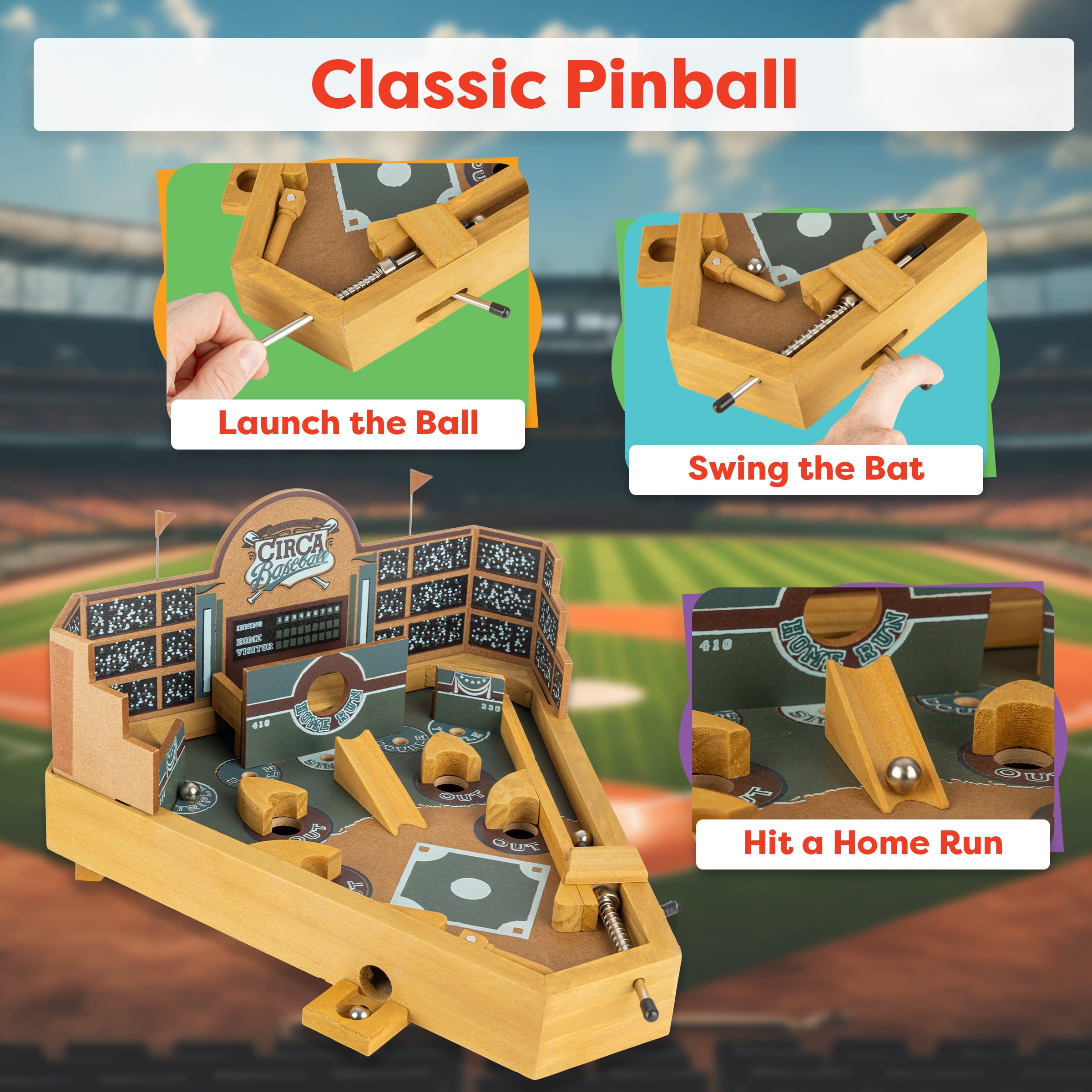 Baseball Pinball Tabletop Games - Classic Miniature Wooden Retro Sports Arcade Toy for Adult Collectors and Children