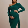 thumbnail image 5 of Conairie Maternity Dress for Baby Shower Photoshoot Pregnancy off Shoulder Midi Dress Long Sleeve Elegant Flowy Wedding Dress Dark Green L, 5 of 7