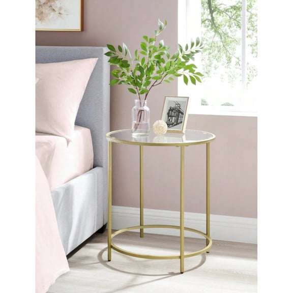 Round Side Table, Glass End Table With Metal Frame, Gold Coffee Table With Modern Style For Living Room, Balcony, Bedroom