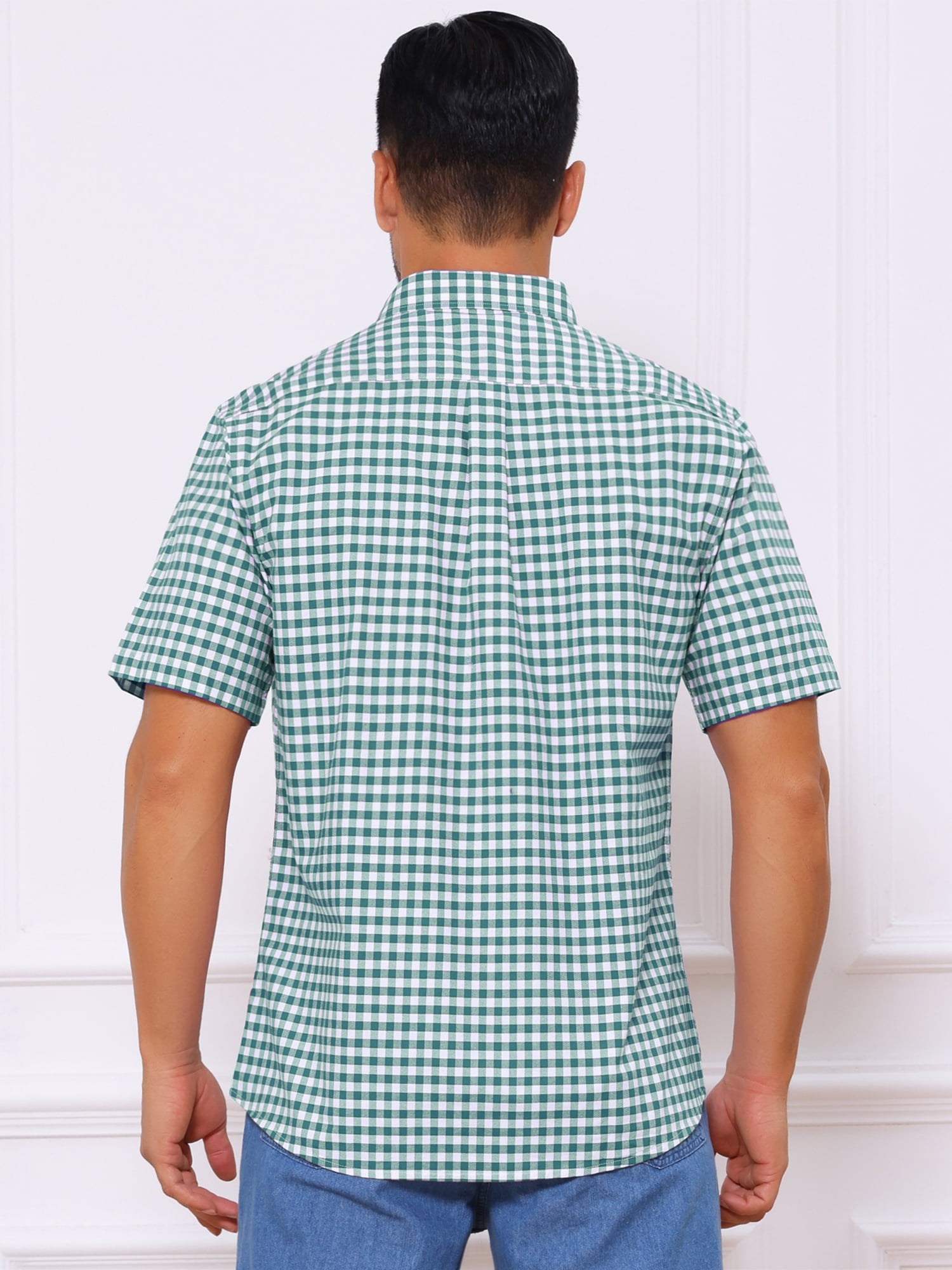 DARING DIVA Men's Point Collar Short Sleeve Button Business Plaid Shirts XL Green White