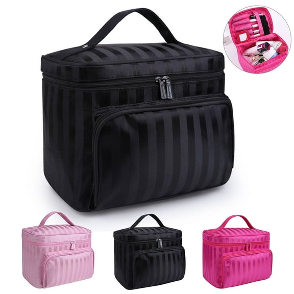 Large Capacity Makeup Case, Foldable Stripe Rhombic Makeup Bag Storage Bag Organizer, Waterproof Travel Cosmetic Case Box, Portable Train Cases for Cosmetics Brushes, Toiletries, Gift for Women