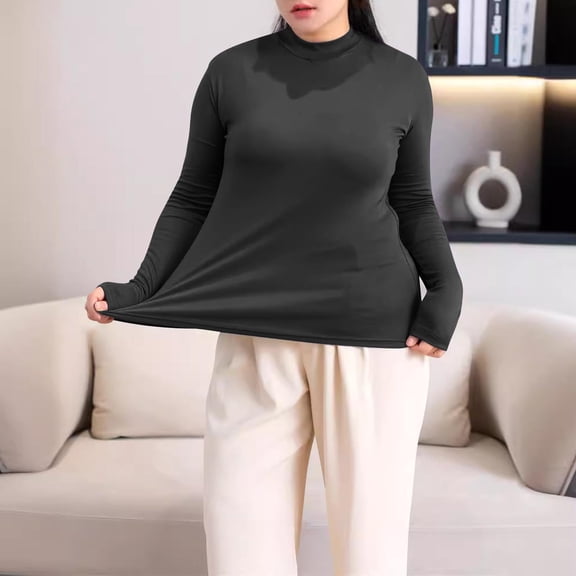 Qulqfy Long Sleeve Shirts for Women Plus Size Modal Turtleneck Black Shirts Stretchy Casual Shirts for Women