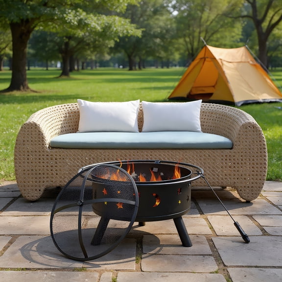Yardi Yarda 30 Inch Metal Fire Pit with Lifting Ring and Mesh Cover, Burning Firewood Basin for Outdoor, Black