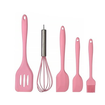 

5pcs Silicone Kitchenware Non\-Stick Cookware Cooking Tool Spatula Ladle Egg Beaters Scraper Brush Kitchen Set pink