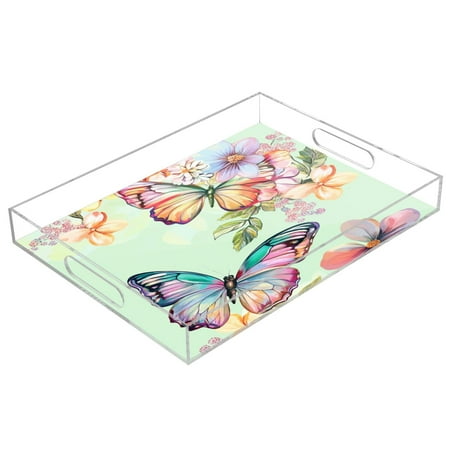 

Acrylic Tray 15.7*11.8*1.9 Inch Transparent Tray Food Tray Tea Cup Tray Serving Trays Cosmetics Storage Kitchen Table Bathroom Sundry Storage Beautiful Pale Green Butterfly