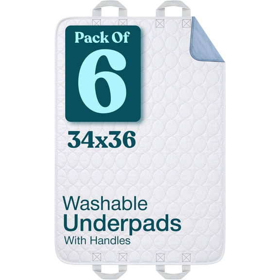 Snugwell Reusable Absorbent Positioning Bed Pads with Handles, Washable Underpads, 6 Count, 34" x 36"