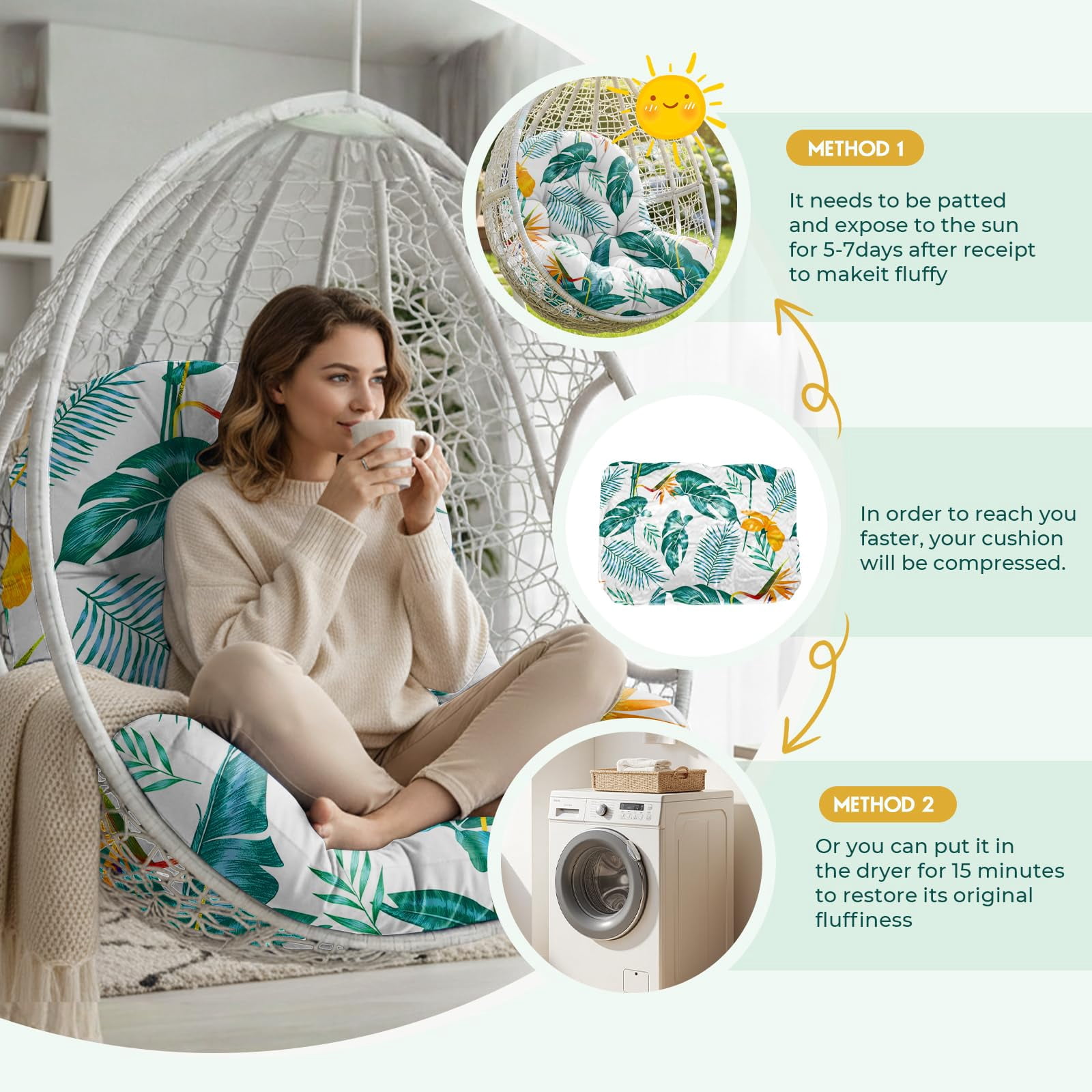 Waterproof Egg Chair Cushion Replacement Outdoor Hanging Egg Chair Cushion 47x35x7 Inches Thicken Couch Cushions with Ties, Blue Enchantress