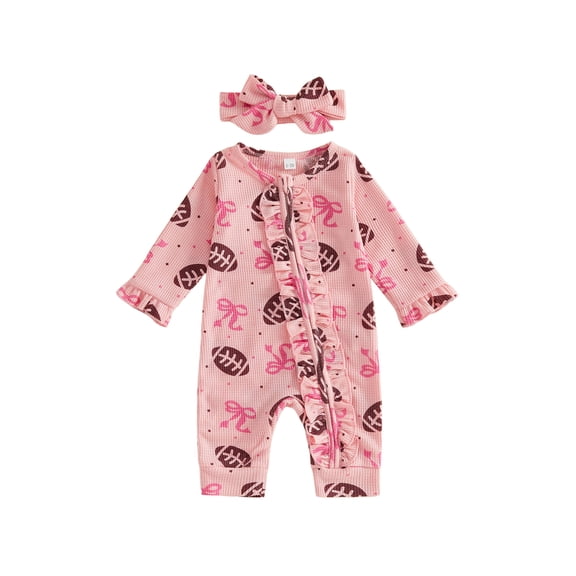 Cjfdfy Newborn Baby Girls Fall Waffled Romper Bow Football Print Long Sleeve Round Neck Ruffled Zip Up Jumpsuit with Headband Cute Baby Girl Football Outift Fall Clothes Size 0-18M