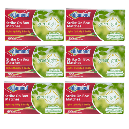 (6) Diamond Greenlight Strike Wooden Matches (1800 Sticks) Extra Long & Thick Longer Time Lights Quick and Easily  great for Home Grills, Candle, BBQ Outdoor Camping & Emergency Kit 300-ct Pack