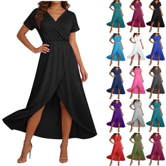 Xuniizn Black Cocktail Dresses for Women Summer Casual Deep V Neck High Low Boho Maxi Dress Slim High Waisted Short Sleeve Prom Long Dress, S-3XL