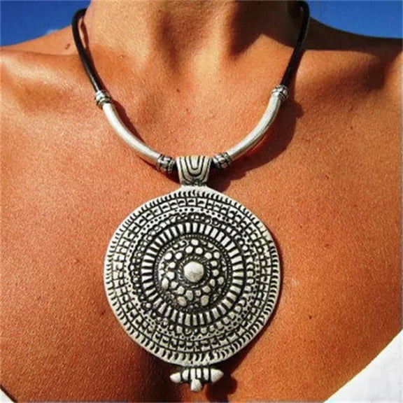HOOUN Women Retro Boho 925 Silver Round Pendant Necklace Party Band Jewelry Gift-#8