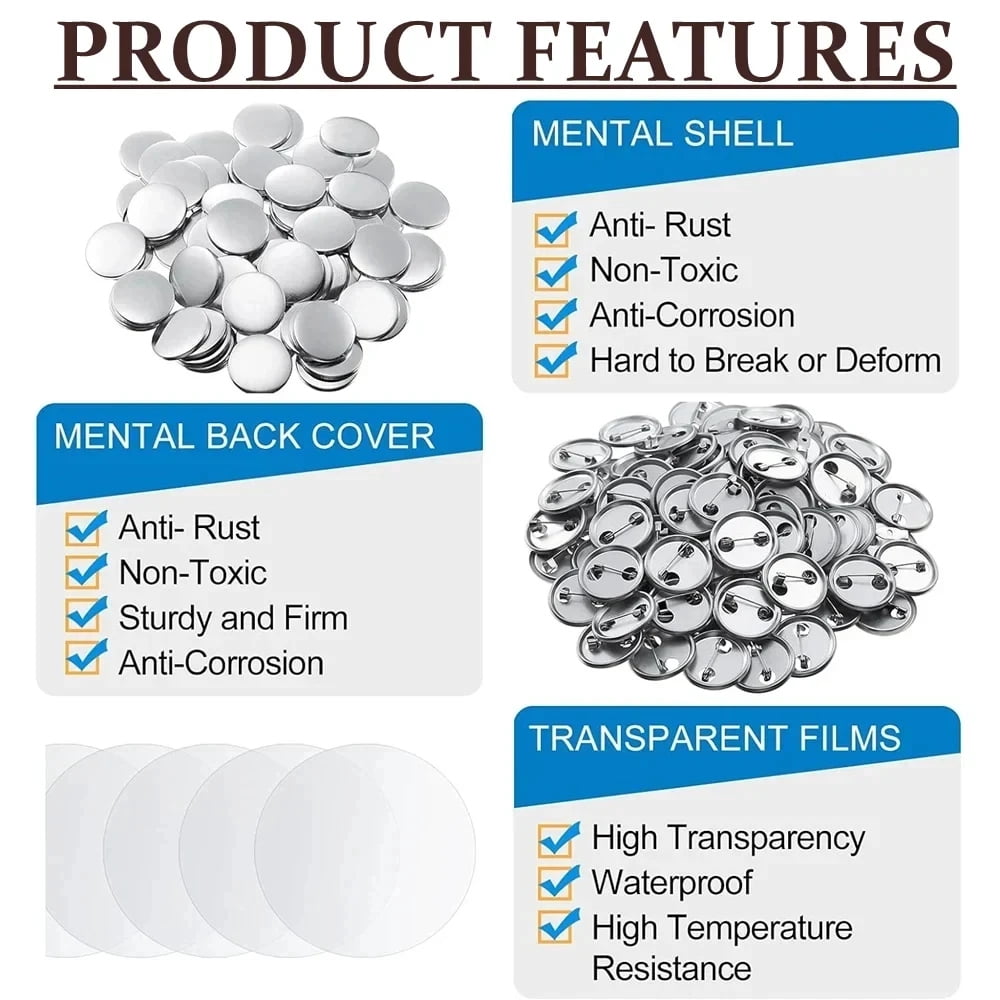 Blank Iron Badges Button Maker Parts, 25MM Badges Button Maker Parts Set, 200Pcs Pin ,Beginner-Friendly