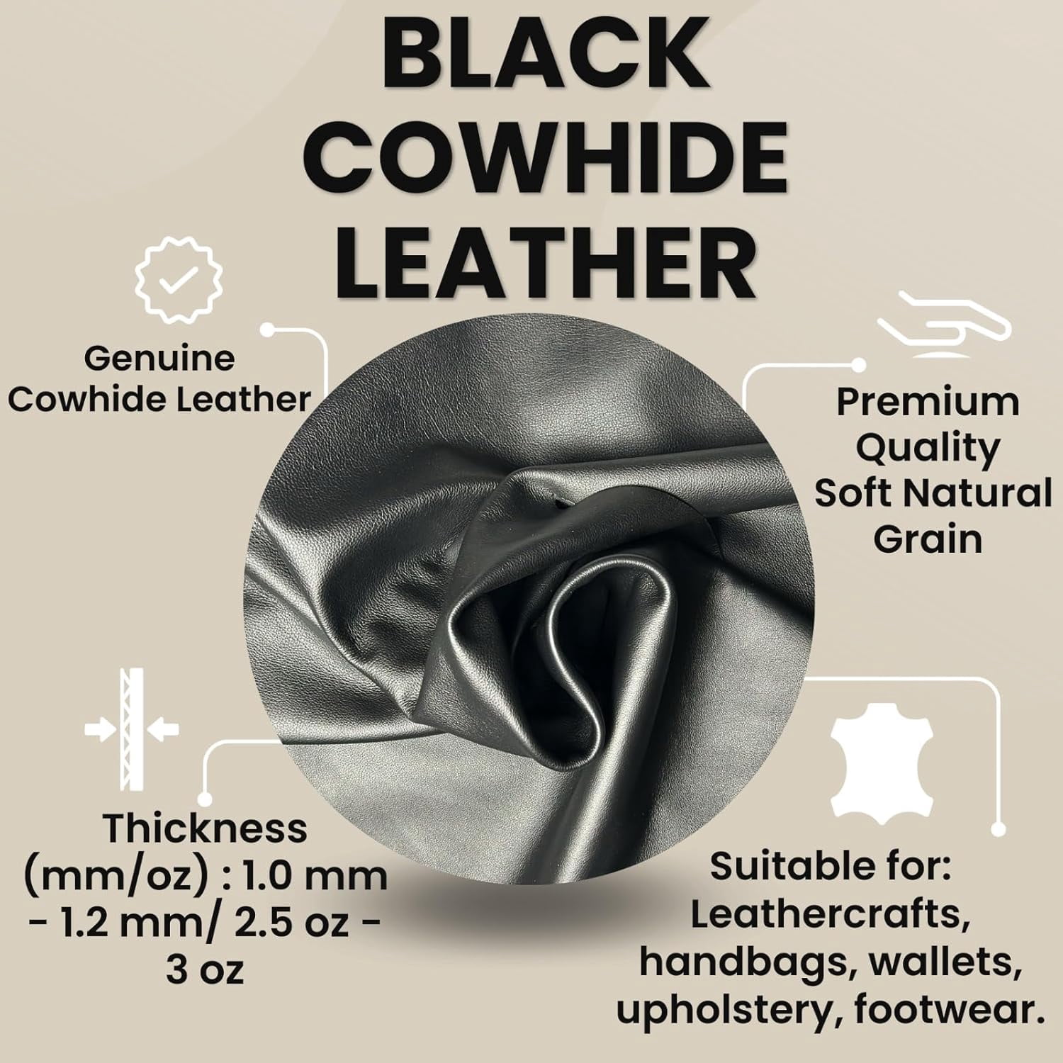 ArtisanCowhides Soft Natural Grain Cowhide Nappa Leather for Crafts – Black 20 Sq ft