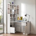 thumbnail image 2 of GZXS 55" Home Office Computer Desk with Hutch, Drawers and Bookshelves, L-Shaped Corner Study Table with Storage Cabinets, Modern Peninsula Desk for Bedroom, Living Room, or Workstation – White, 2 of 7