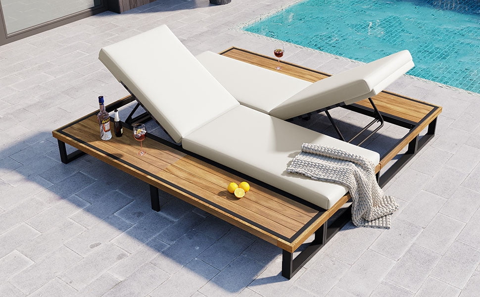 Euroco Outdoor Chaise Lounge Chair Set of 2 with 5-Position Adjustable Backrest , Reclinings with Cushions, Patio Loungers with Wood Side Table, Sturdy Frame