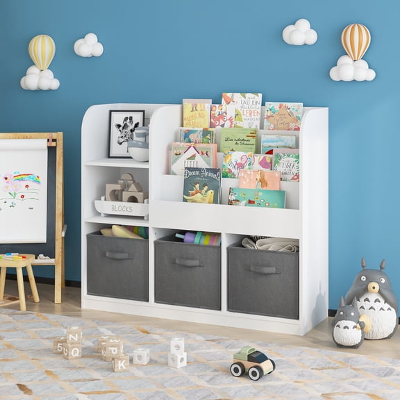 GASEE Kids Bookcase and Bookshelf, Multifunctional Bookcase with 3 Collapsible Fabric Drawers, Bookcase Display Stand, Toy Storage Organizer for Bedroom, Playroom, Hallway (White/Gray)