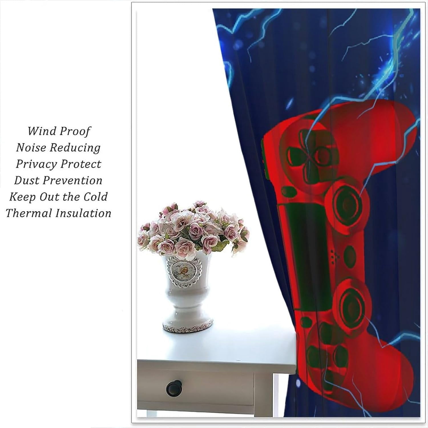 Modern Gamer Curtains, Video Games Window Curtains for Boys Bedroom 3D Red Blue Gamepad with Lightning Window Treatments for Kids Gamer Room Living Room, （W21xL63 Inch） x2 Panels