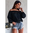 thumbnail image 4 of ABPHQTO Blusa negra con hombros descubiertos y ganchillo para mujer, 4 of 5