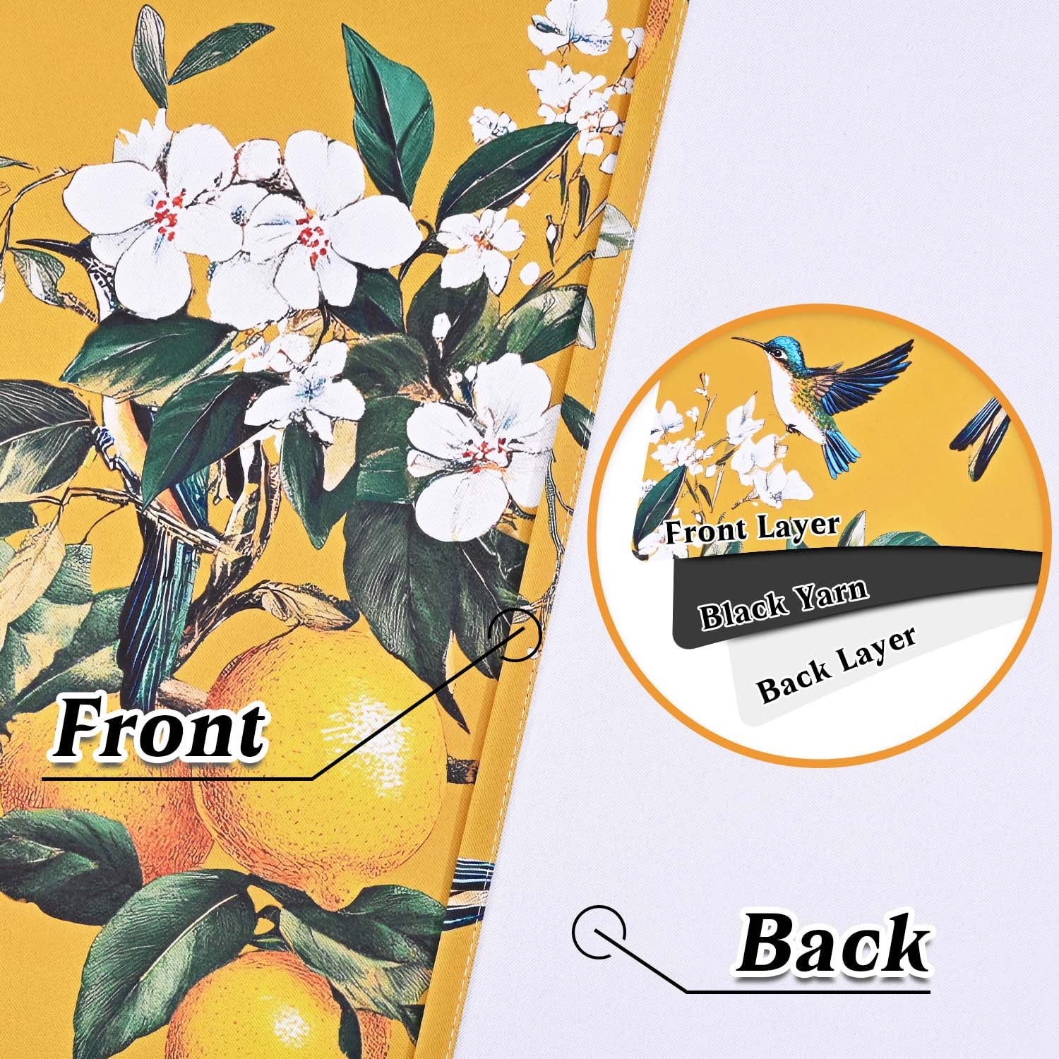 Alishomtll Floral Lemon Hummingbird Blackout Curtains Room Darkening Grommet Window Drapes for Living Room , 52" x63", ,Set of 2 Panels,Yellow
