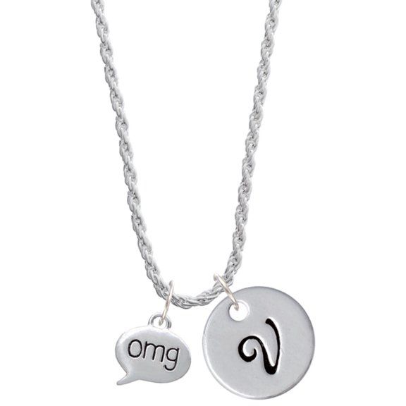 Delight Jewelry Silvertone Text Chat - omg - Oh My God - Silvertone Script Initial Disc - V - Charm Necklace, 20"+3"
