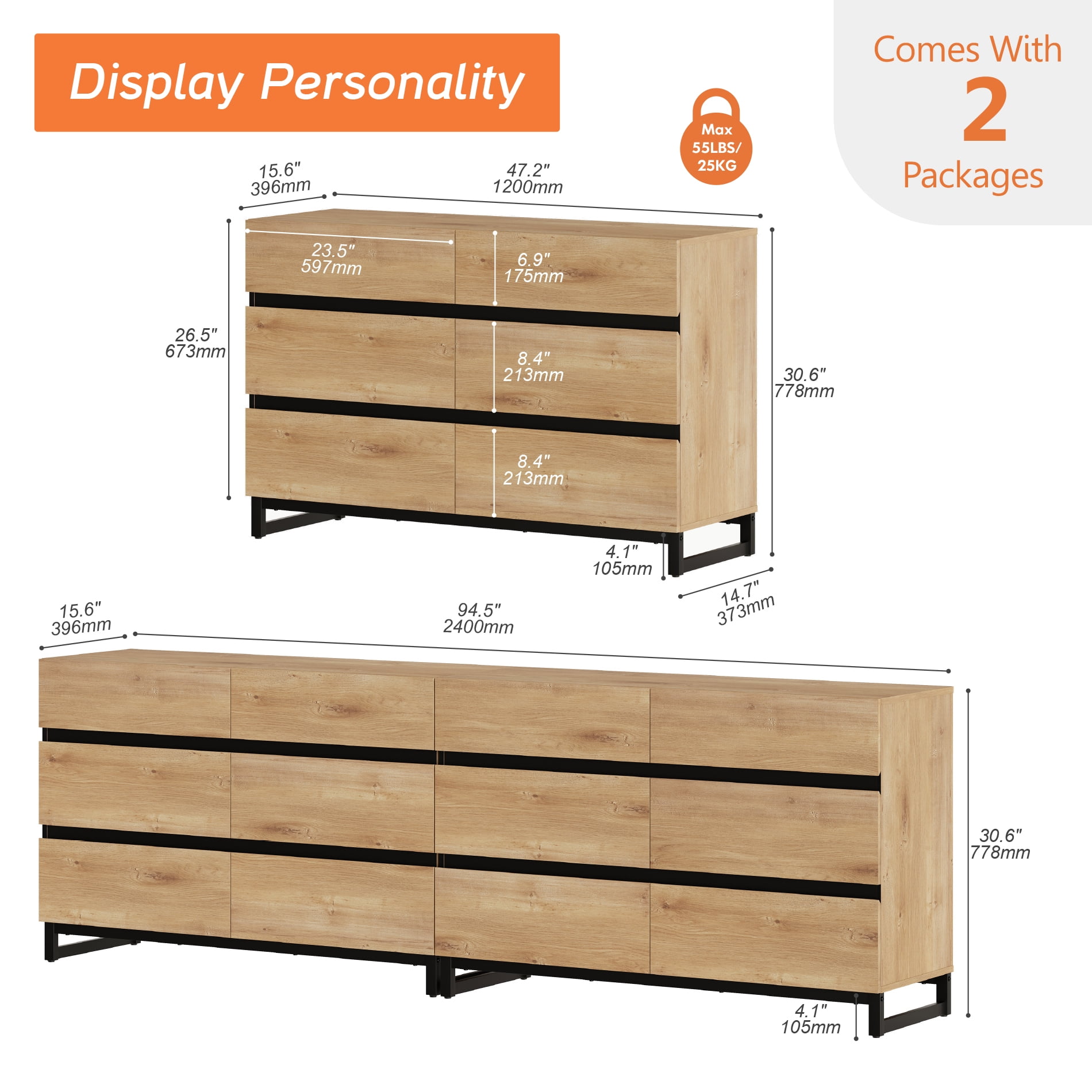 12-Drawer Wooden Dresser with Metal Base, Modern Chest of Drawers & Closet Organizer for Bedroom, Living Room, Oak