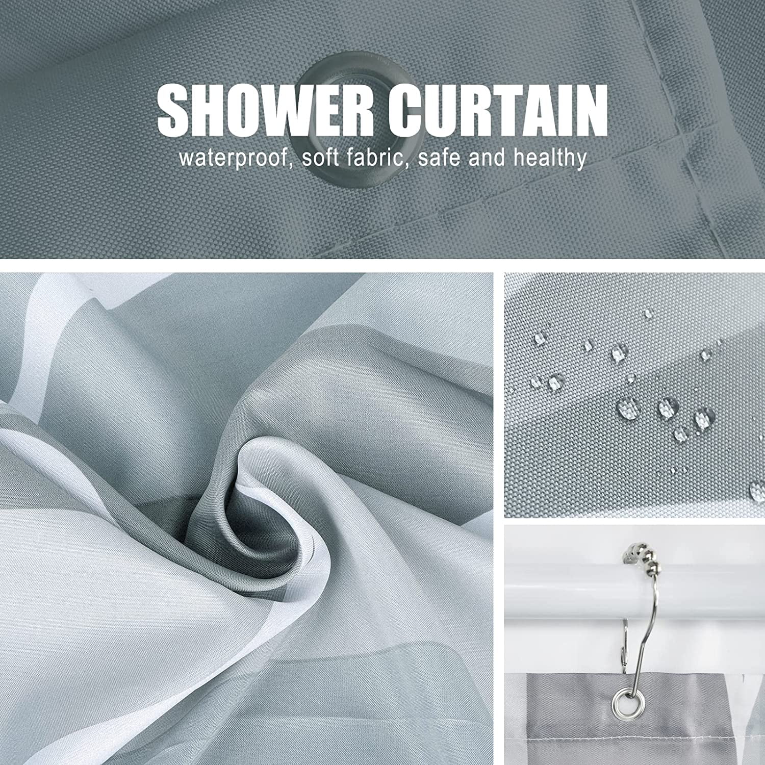 Grey Fabric Bath Shower Curtain,Waterproof Design and Polyester,Quick-Drying,Heavy Weight,Extra Long Cloth Shower Curtain Set for Bathroom W 72 x H 84,Durable and Washable with 12 Hooks