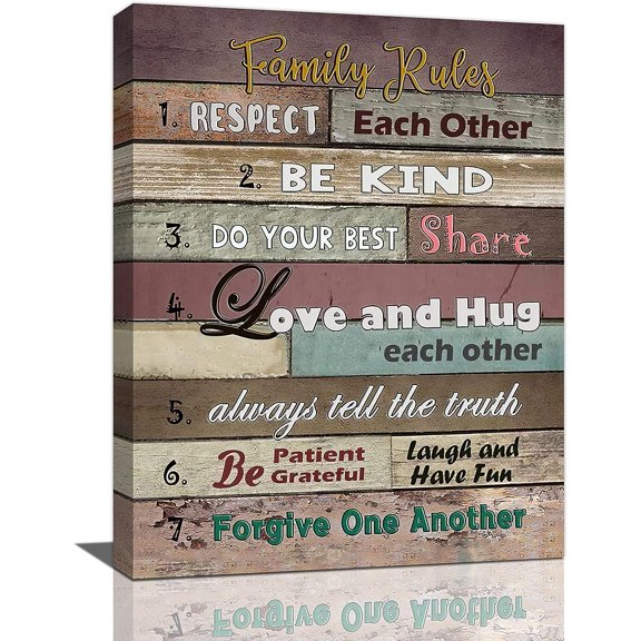 Farmhouse Family Rules Wall Art Family Rules Positive Quotes Wall Decor Home Inspirational Motto Pictures Canvas Prints Framed Modern Artwork Home Decor for Bedroom Living Room Bathroom 12"x16"