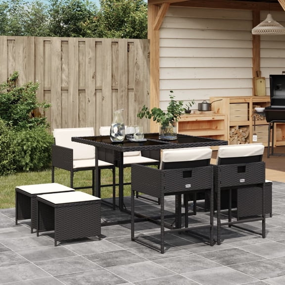 vidaXL 9 Piece Patio Dining Set with Cushions Black Poly Rattan