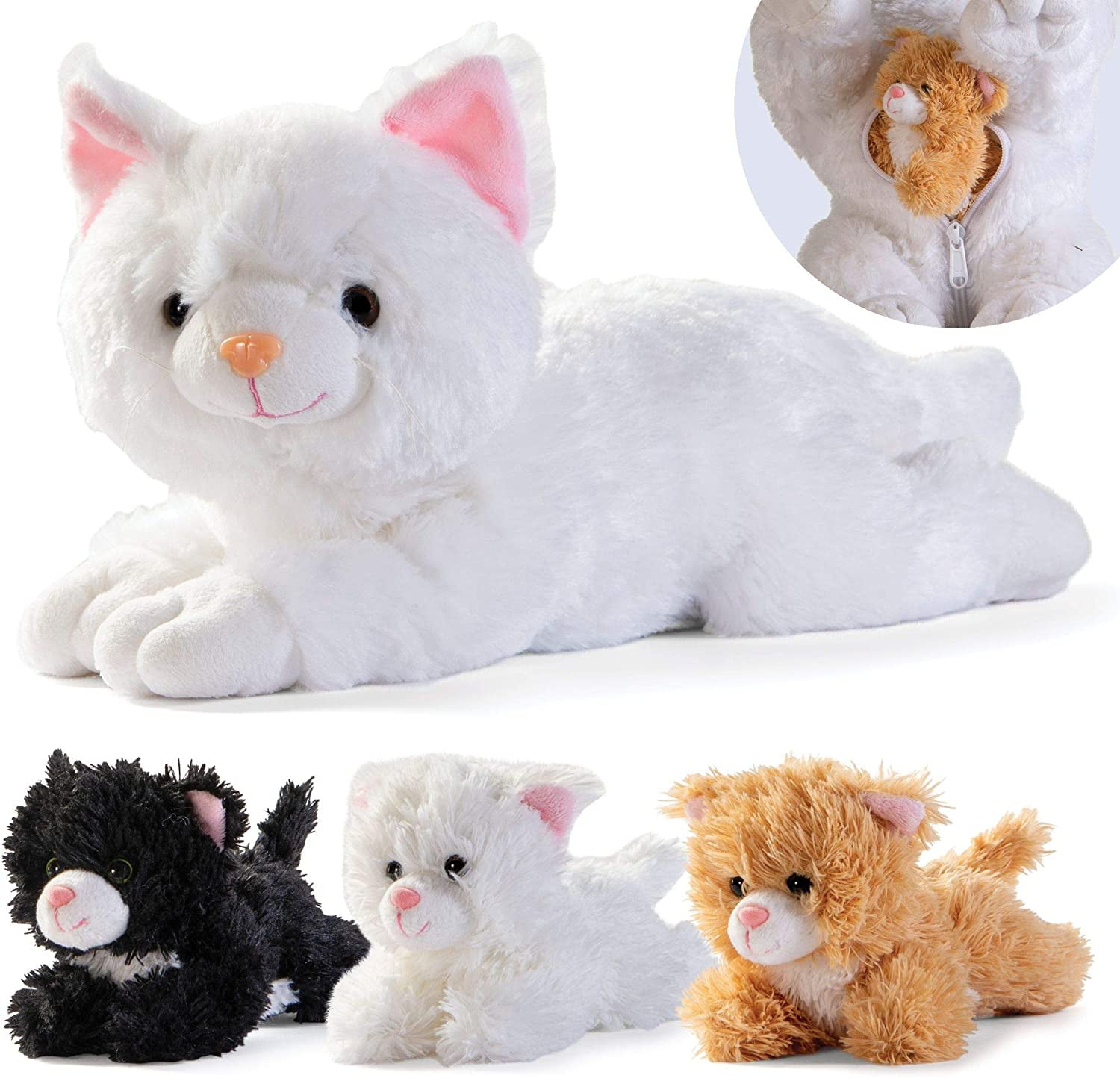 Prextex Soft Plush Cat with Zipper for 3 Cute Little Kittens inside Pouch  Tummy - Plushlings Selection Animals Stuffed 