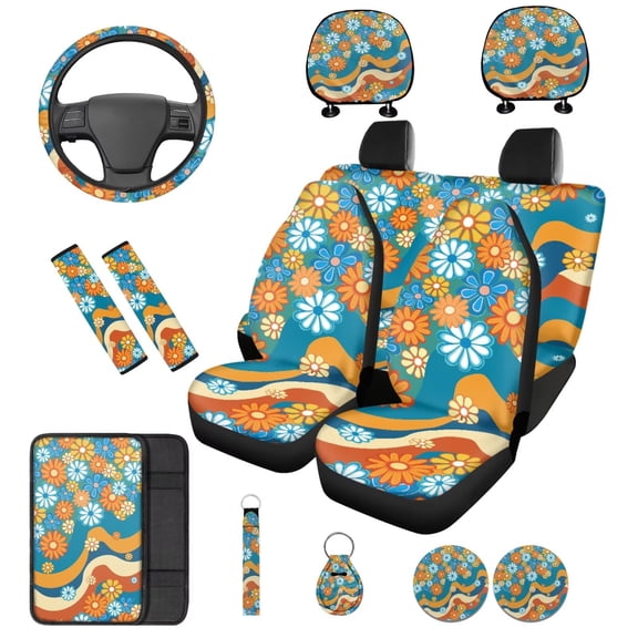 Binienty 14 Pack Boho Hippie Daisy Auto Seat Covers Full Set for Women with Headrest Covers 15 Inch Steering Wheel Cover Seat Belt Pads Armrest Cushion for Automotive Interior Accessories Set