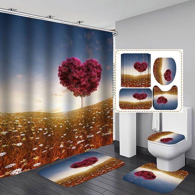Valentine‘s Day 3D Digital Printing Shower Curtain 4-piece Set With Good Waterproof Effect (100% Polyester Fabric)