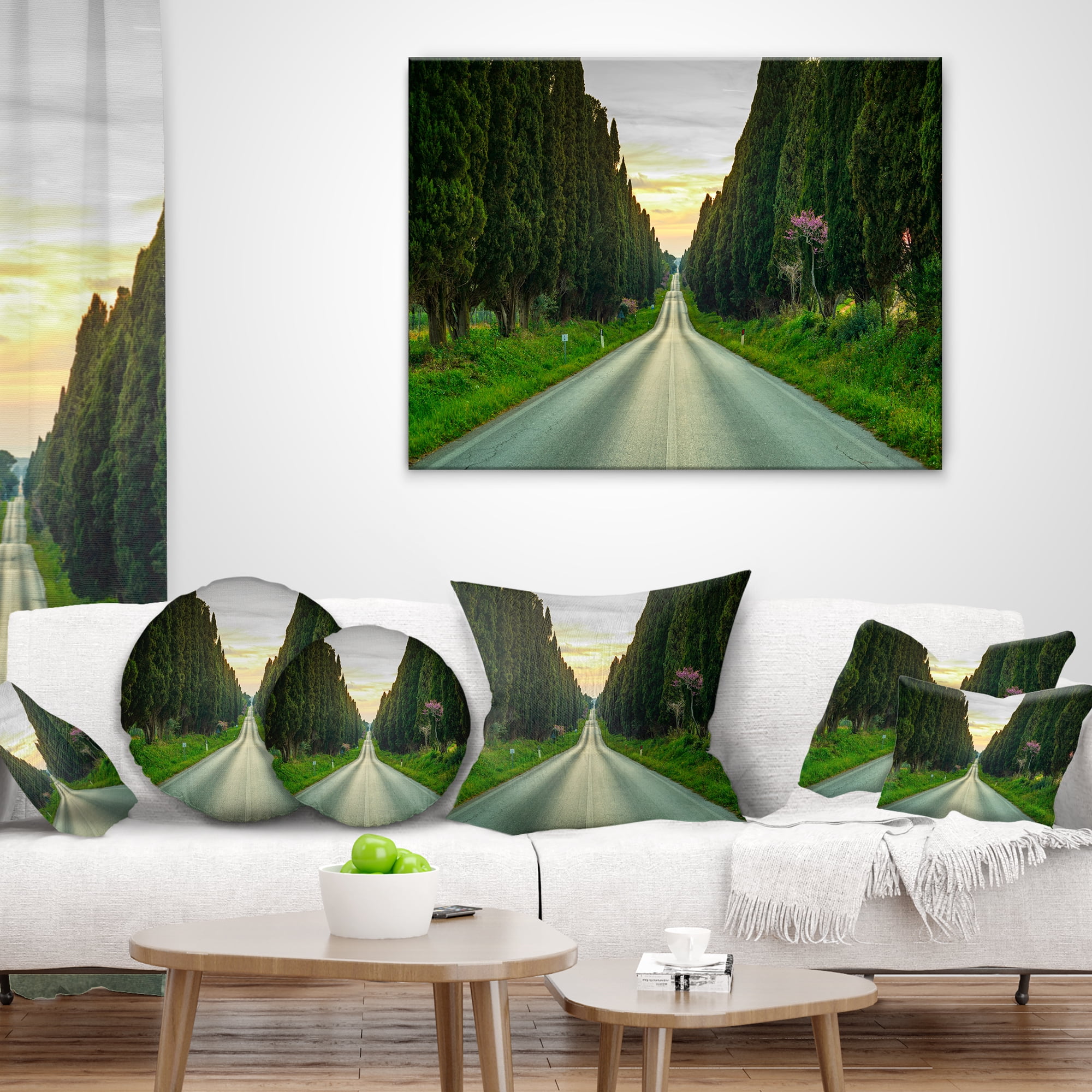 Designart Straight Road through Cypress Trees - Landscape Wall Throw Pillow - 18x18