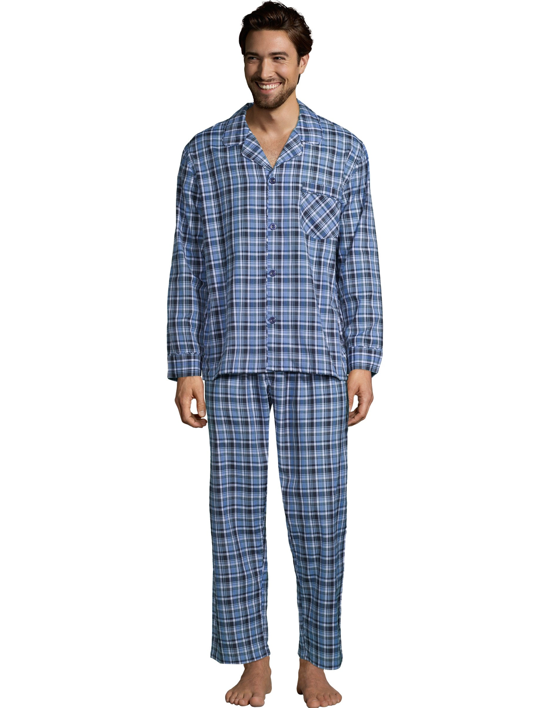 Woven Pajama Set Mens 2 pc Long Sleeve Pants Sleepwear Loungewear Button up PJ 