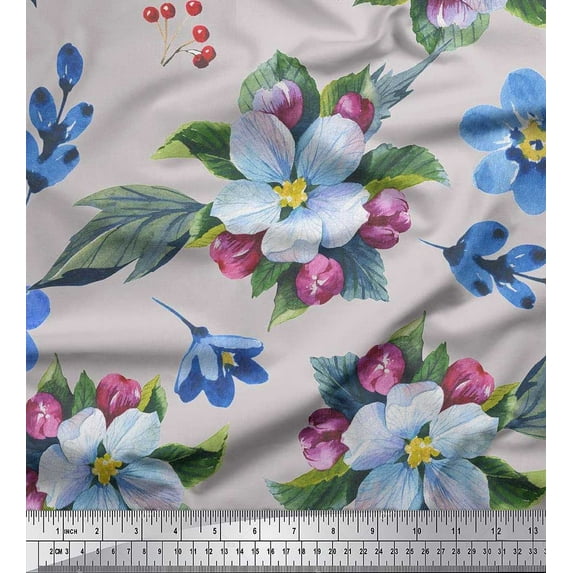 Soimoi Cotton Poplin Fabric Leaves,Red Berries & Flower Print Fabric by the Yard 56 Inch Wide