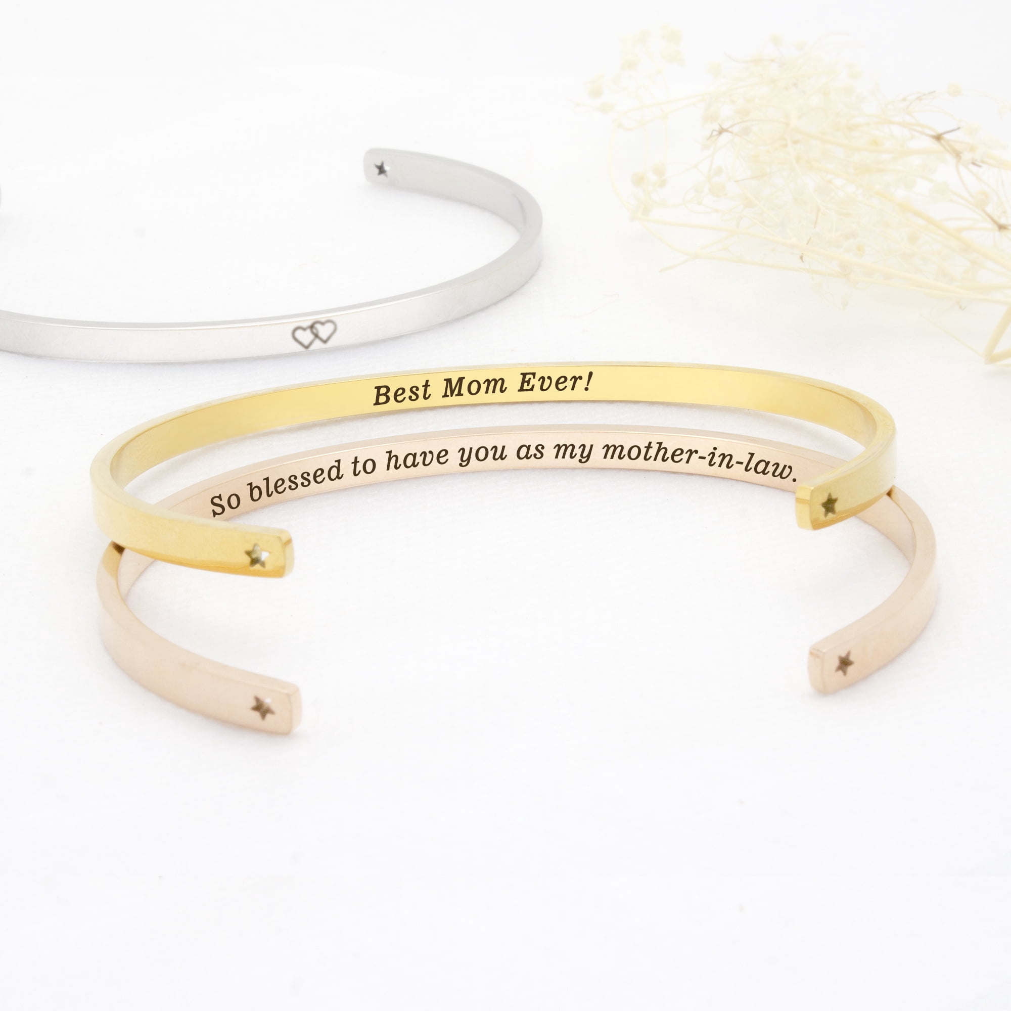 "We will always be connected…" Adjustable Silver Stainless Steel Cuff Bangle Mother's Day Gift Set