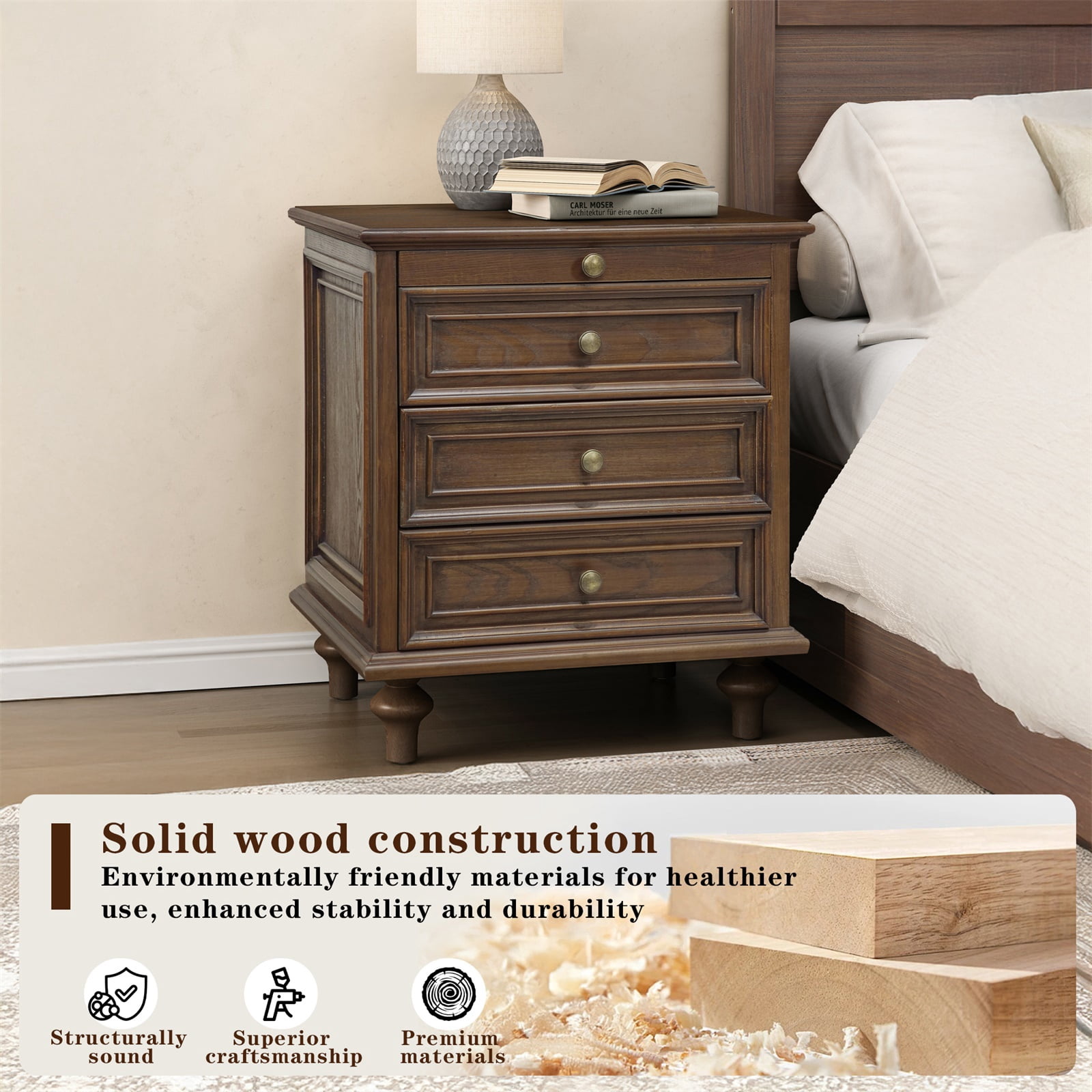 Hommoo Farmhouse Wood 4-Drawer Nightstands Set of 2, Large End Table Bedside Table Set with Solid Wood Feet and Metal Handle, for Living Room,Bedroom,Office, Walnut Brown