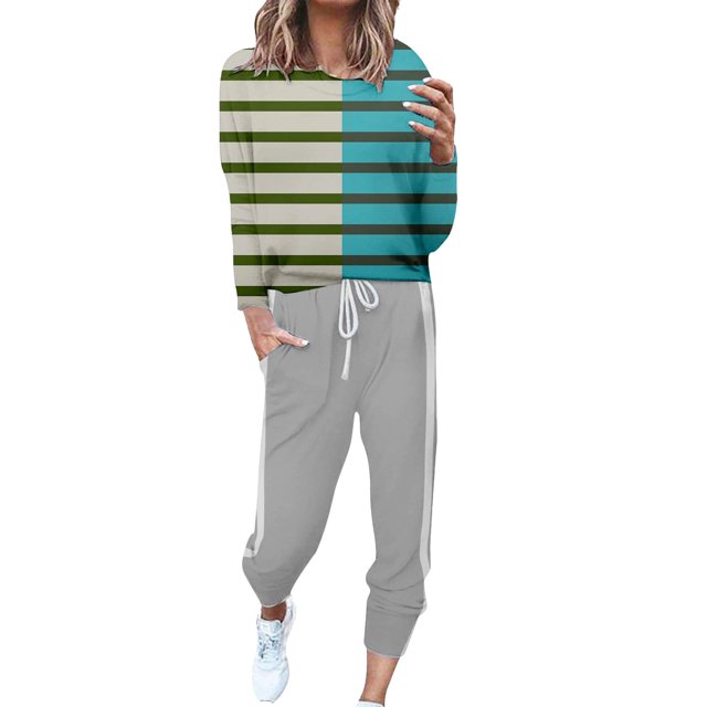Gibobby Conjunto de sudadera informal para mujer Conjunto de pantalones casuales con cordones de manga larga y cuello redondo a color block a la moda para muj(Verde,G)
