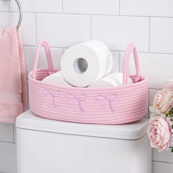 Pink Bow Woven Storage Basket, Boho Cotton Rope Toilet Tank Top Organizer, Bathroom Countertop Basket with Handles, Pink Bathroom Decor for Bedroom Toys Organizing