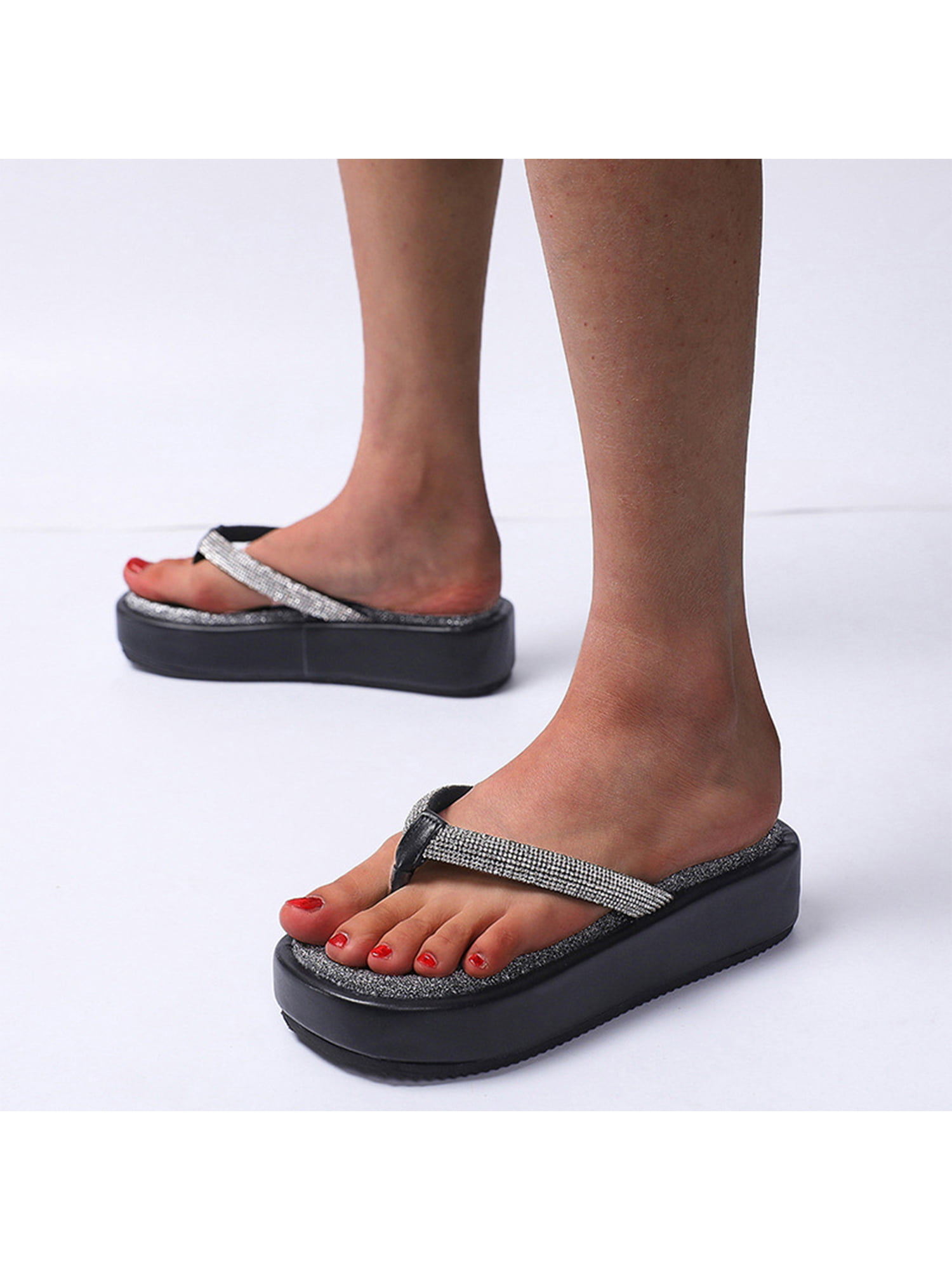 Women Rhinestone Flip-Flops Wedges Comfy Flats Sandal Shoes Platform Sandals Open Toe Creative Beach Travel Anti-Slipper Shoes for Ladies Girl Girlfriends